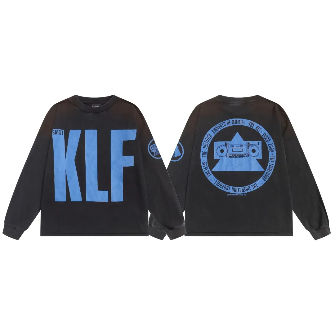 European and American Saint Michael klf exhibition limited printing high street retro washed and distressed long-sleeved T-shirt loose cotton bottoming shirt Fabric: 260g Style number: SM661 Size: S-M-L-XL Color: washed black Price: P156